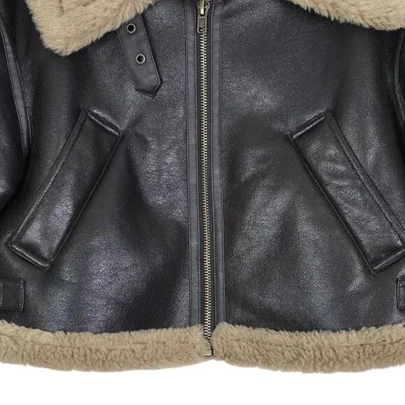 Zara Double Faced Jacket ZW Collection Sherpa Faux Fur Dark Brown Biker Size S - Picture 8 of 16
